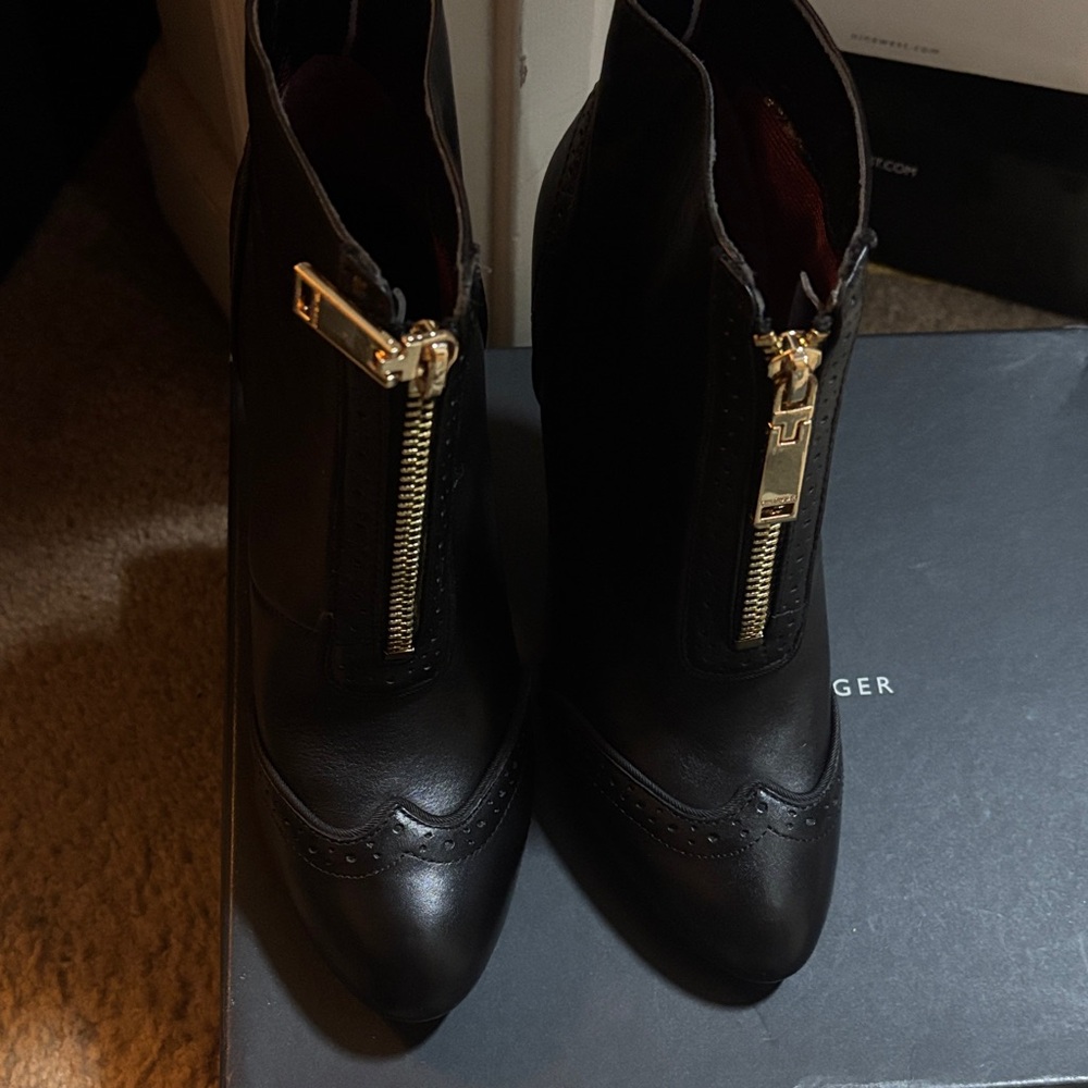 Tommy Hilfiger Black Heeled Boots with Gold Accents